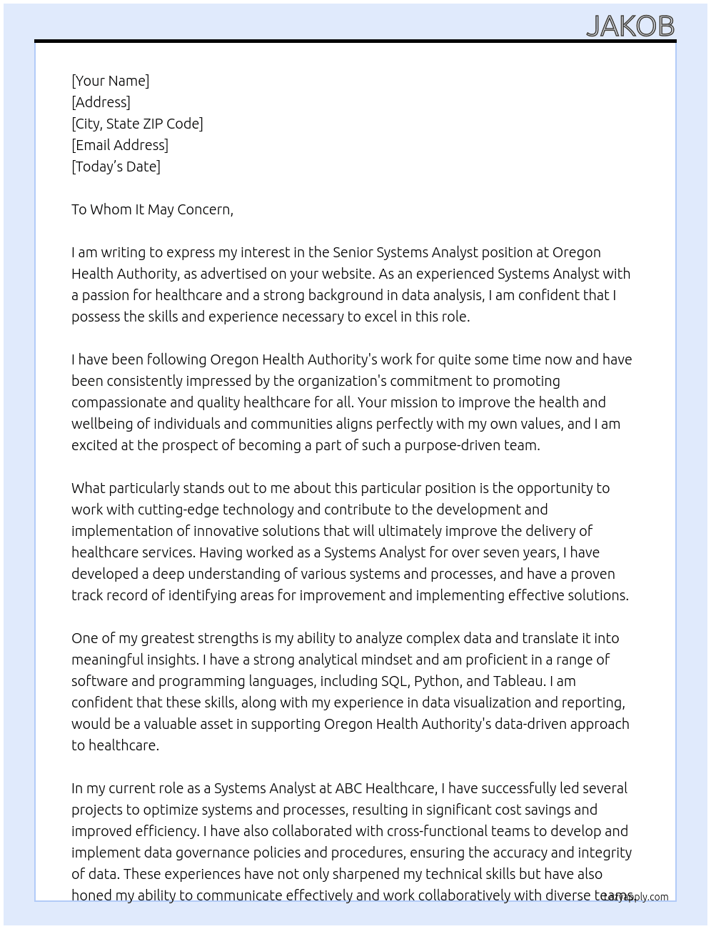Senior Systems Analyst At Oregon Health Authority Cover Letter