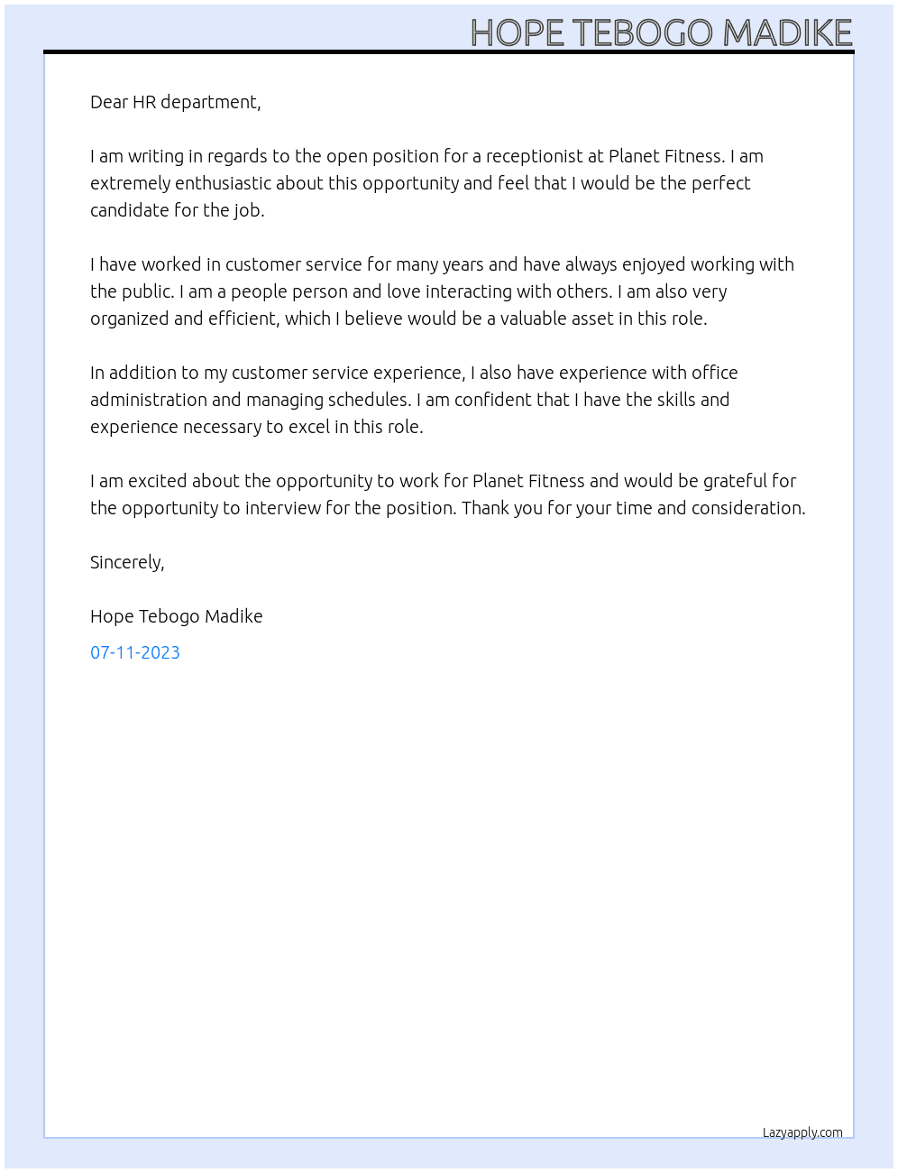 Reception  At Planet Fitness Cover Letter
