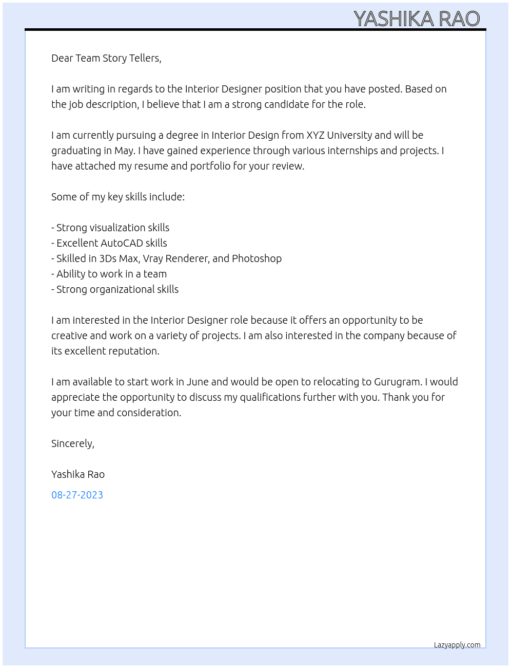 Interior Designer  At Story Tellers  Cover Letter