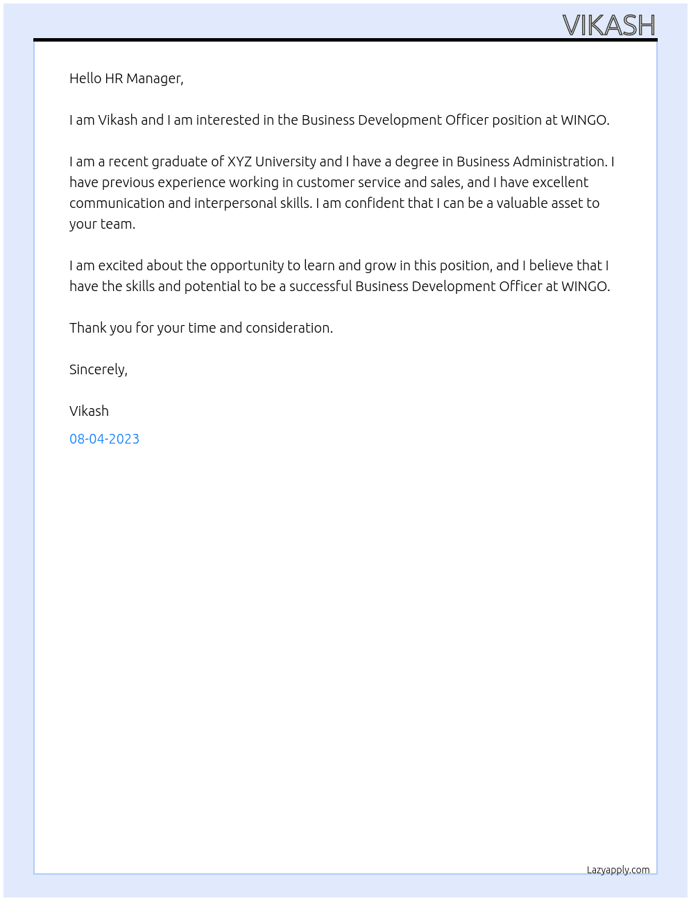 Business Development Offier At WINGO Cover Letter