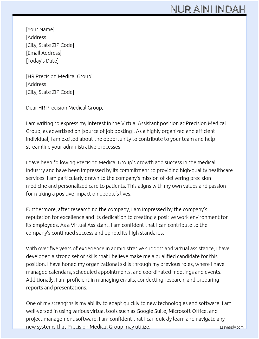 Virtual assitant At Precision Medical Group  Cover Letter
