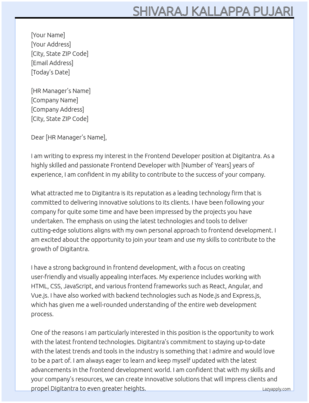 Frontend Developer At Digitantra Cover Letter