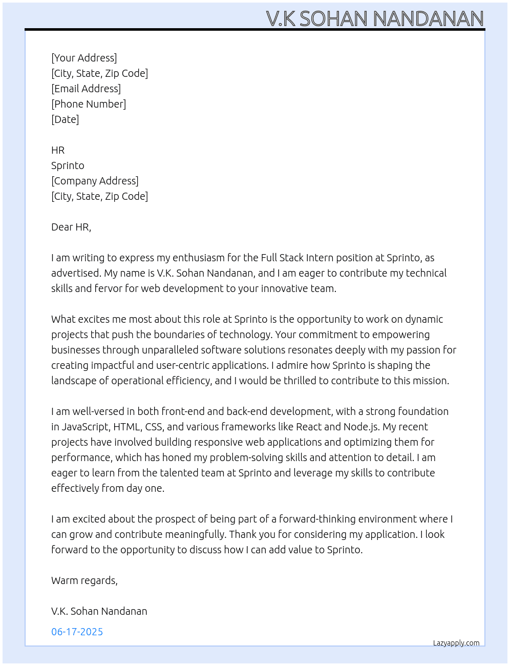 Cover letter for full stack intern - LazyApply