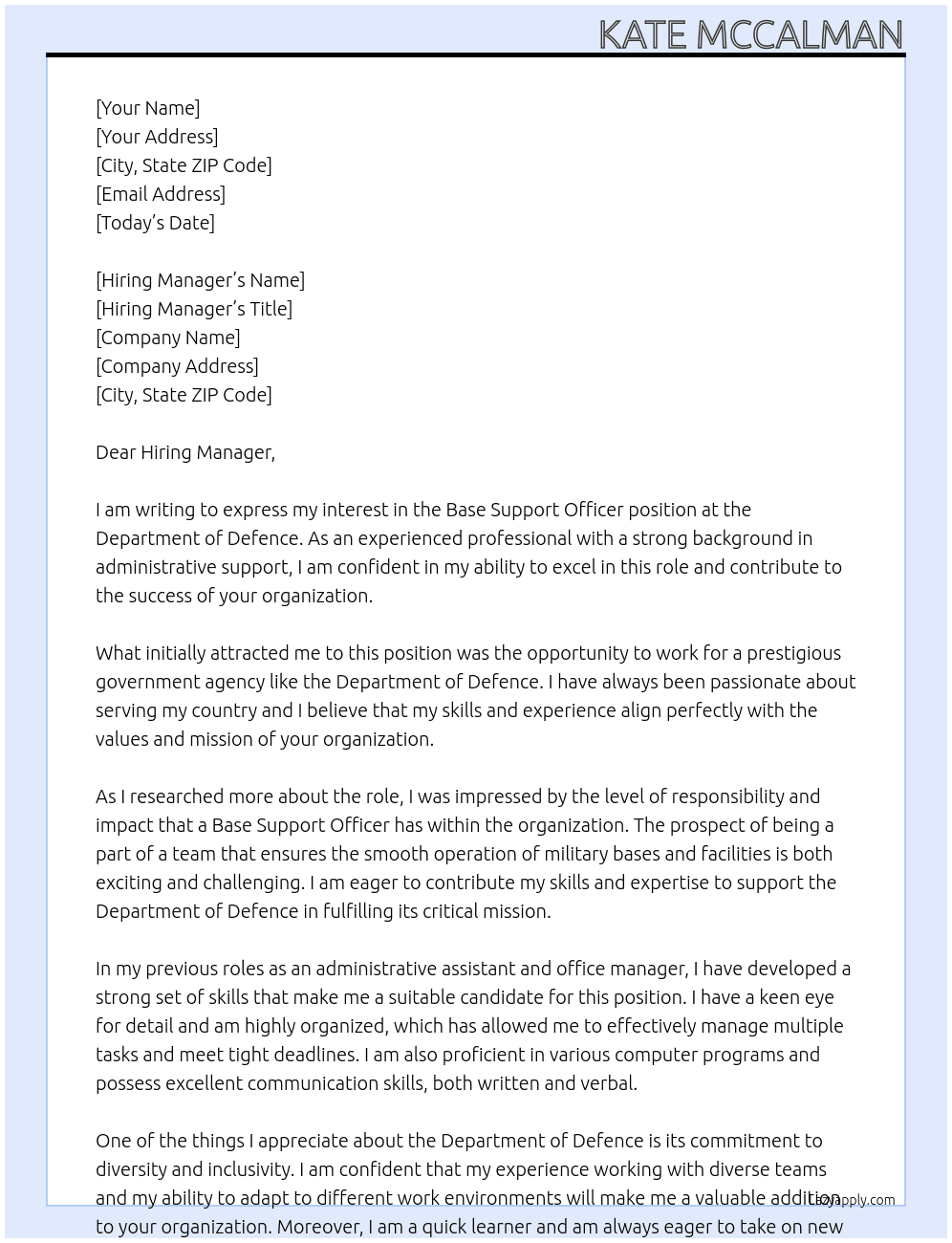 Base Support Officer At Department of Defence Cover Letter