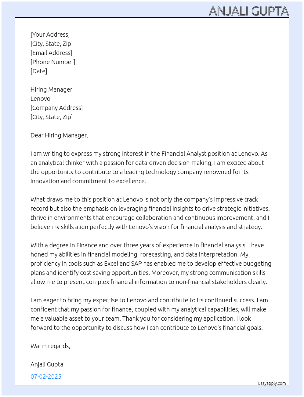 Financial Analyst At Lenovo Cover Letter