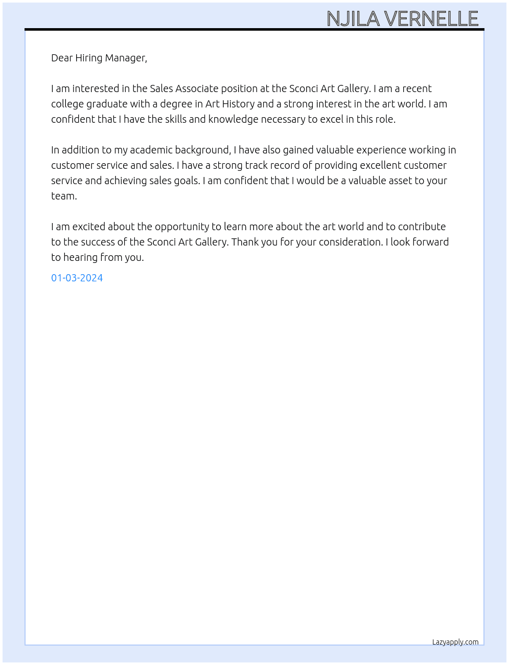 Sales associate art gallery  At Sconci Art Gallery  Cover Letter