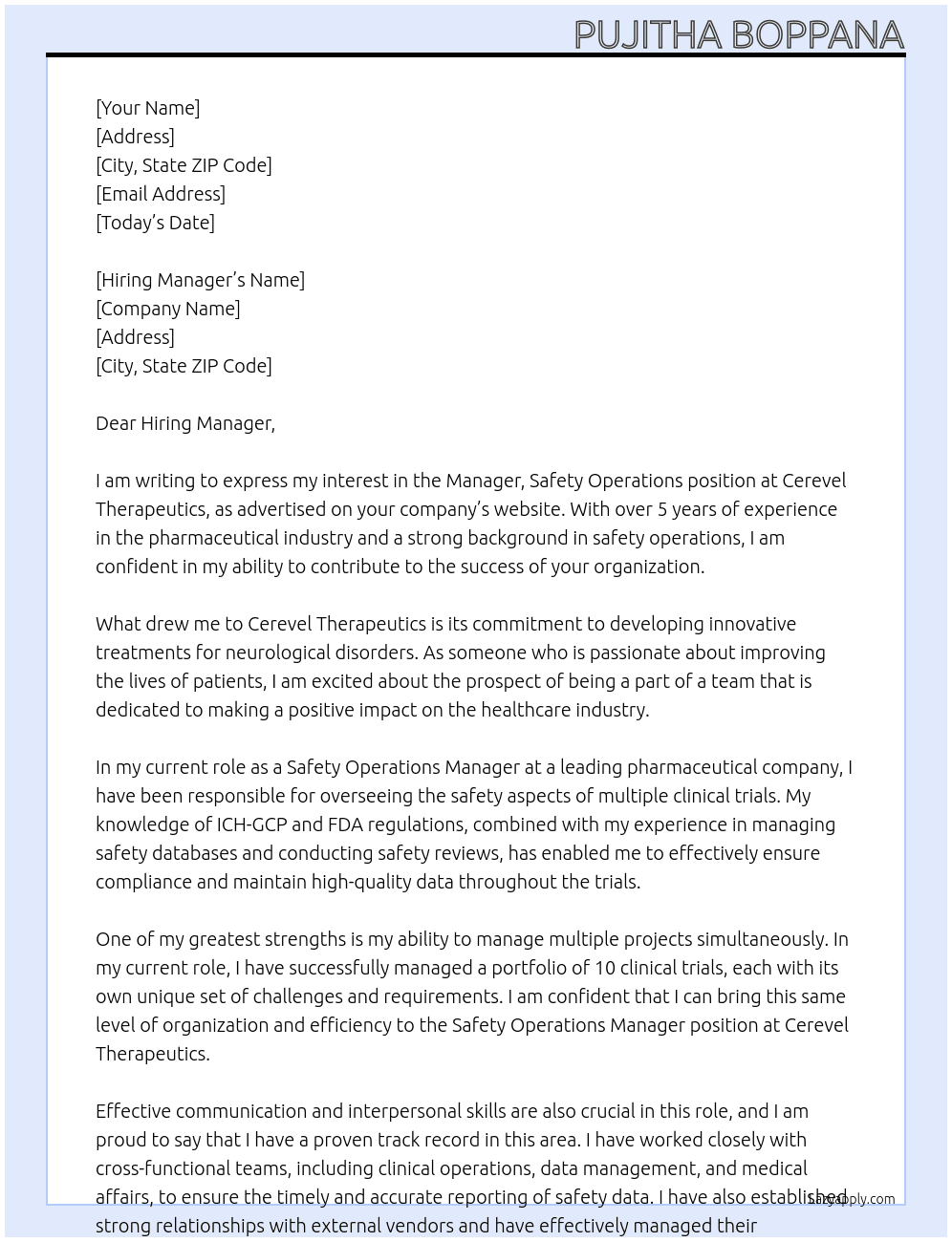 Manager, Safety Operations At Cerevel Therapeutics Cover Letter