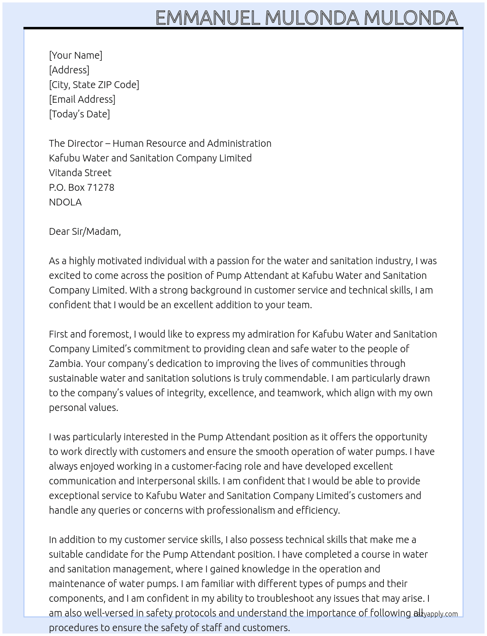 PUMP ATTENDANT At Kafubu Water and Sanitation Company Limited Cover Letter