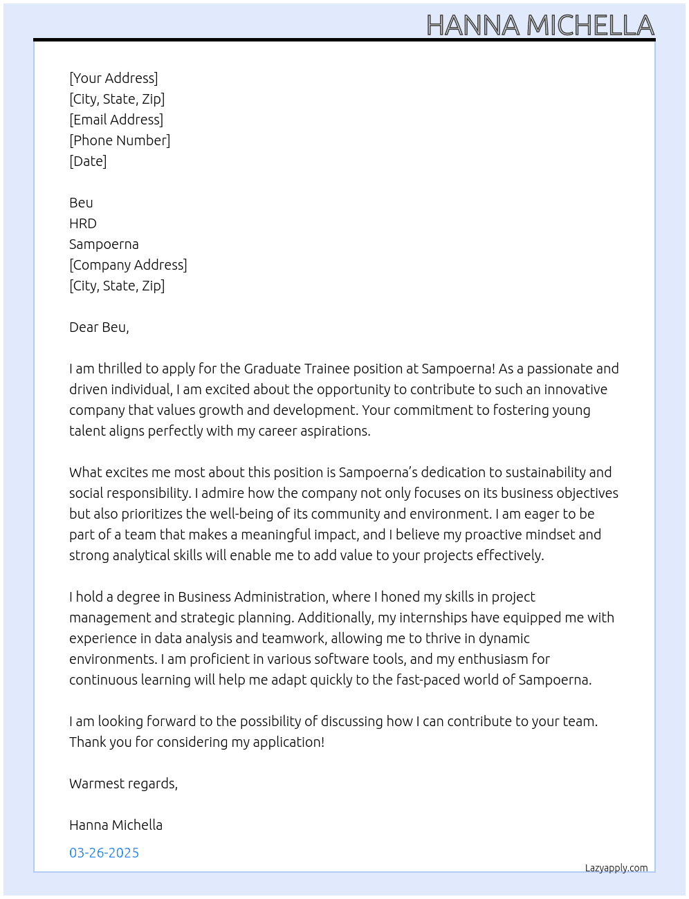 graduate trainee At Sampoerna Cover Letter