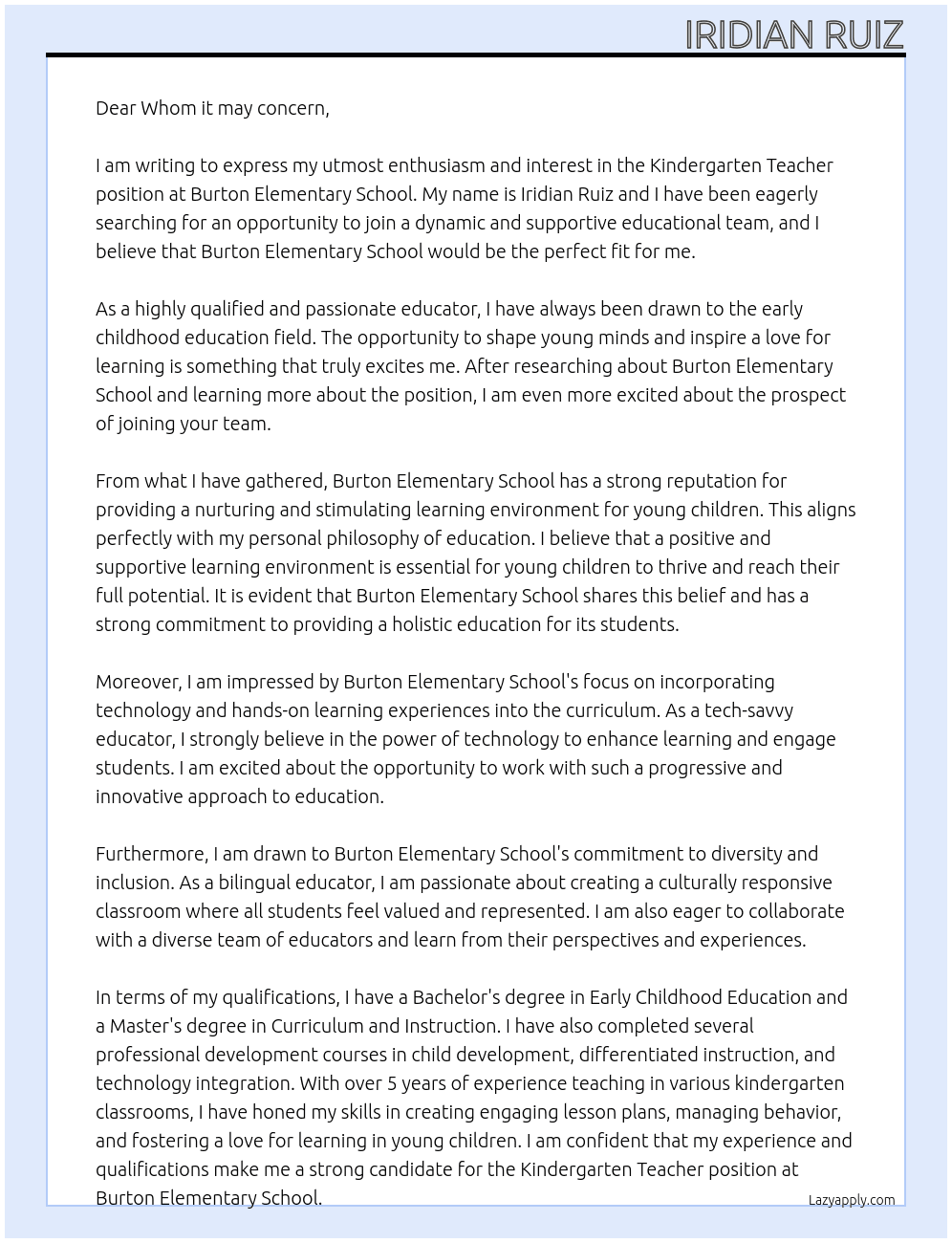 Kindergarten Teacher At Burton Elementary School Cover Letter