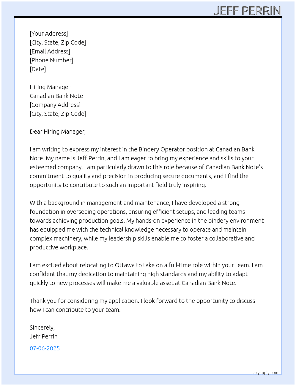 Bindery Operator At canadian bank note Cover Letter