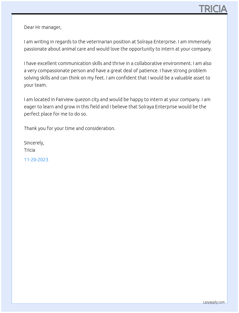 Veterinarian  At Solraya Enterprise  Cover Letter