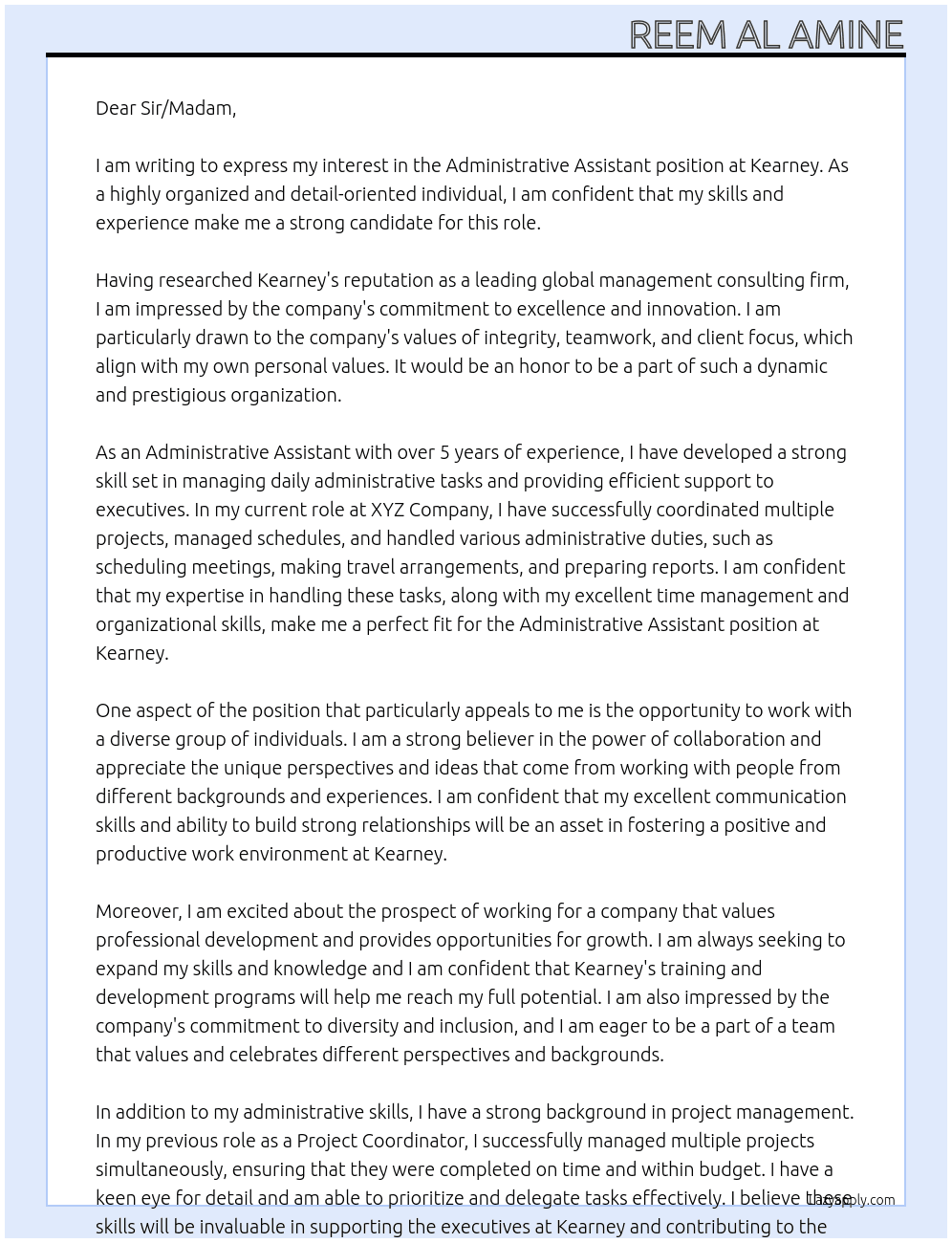 Administrative Assistant At Kearney Cover Letter