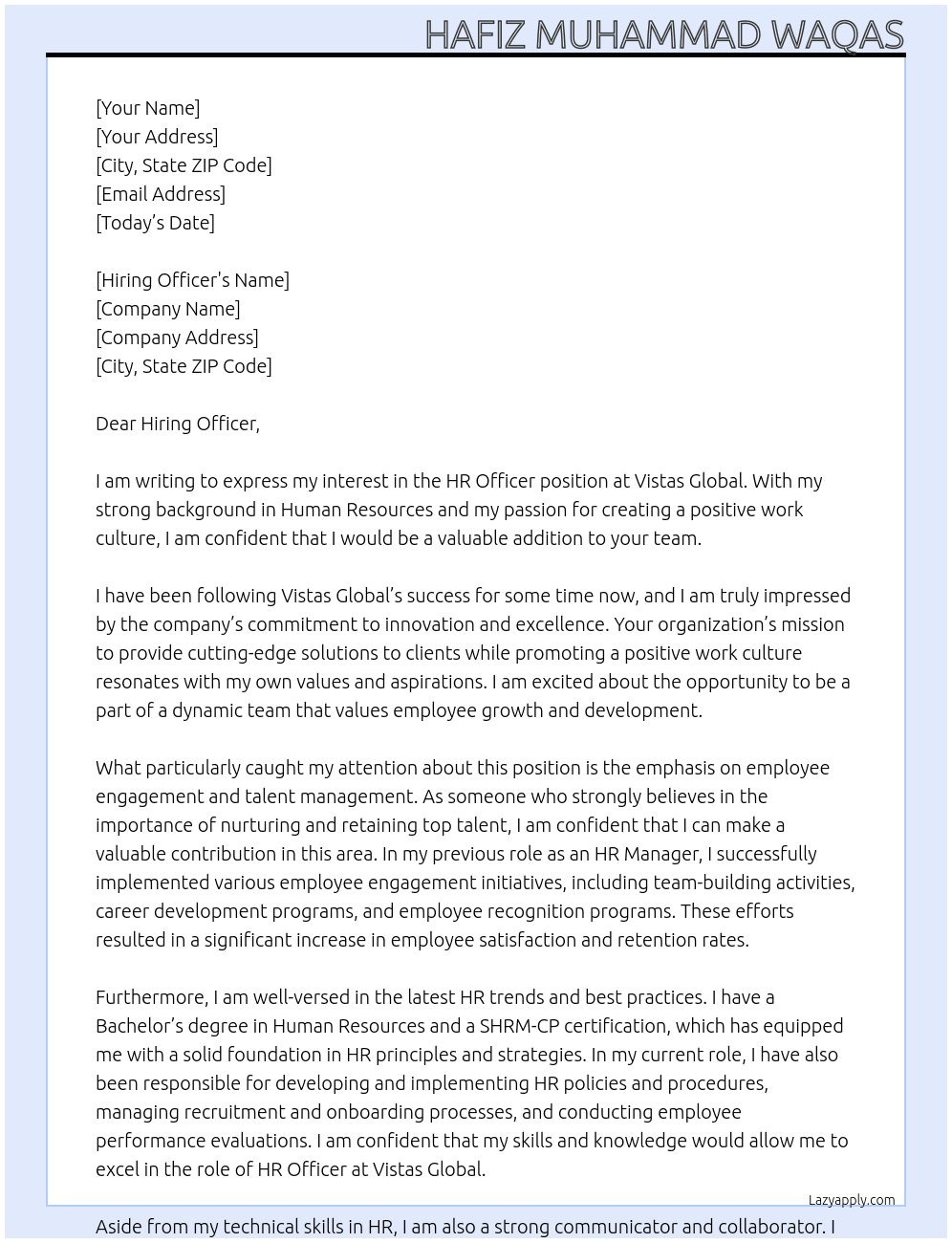 HR Officer At Vistas Global Cover Letter