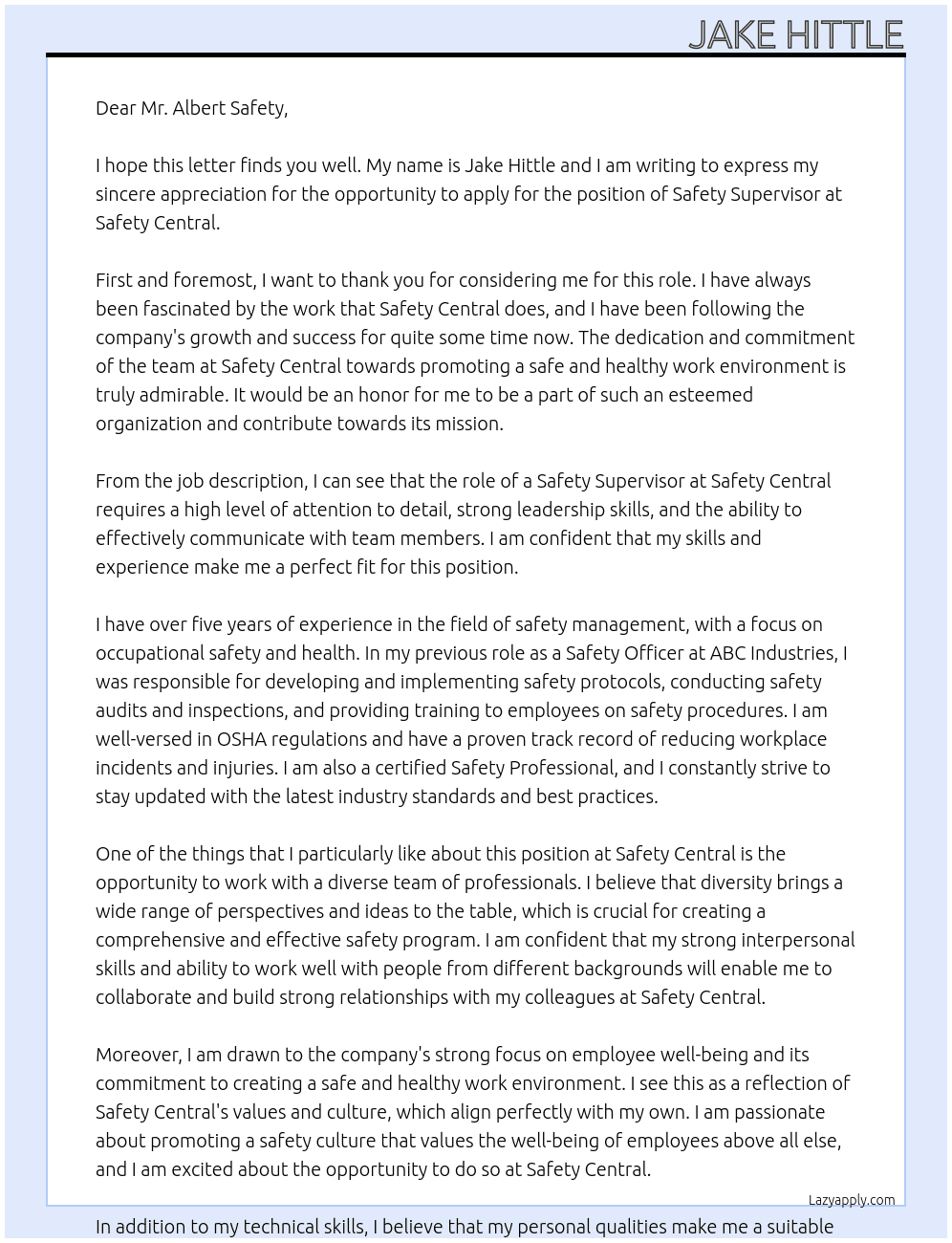 Safety Supervisor At Safety Centeral Cover Letter