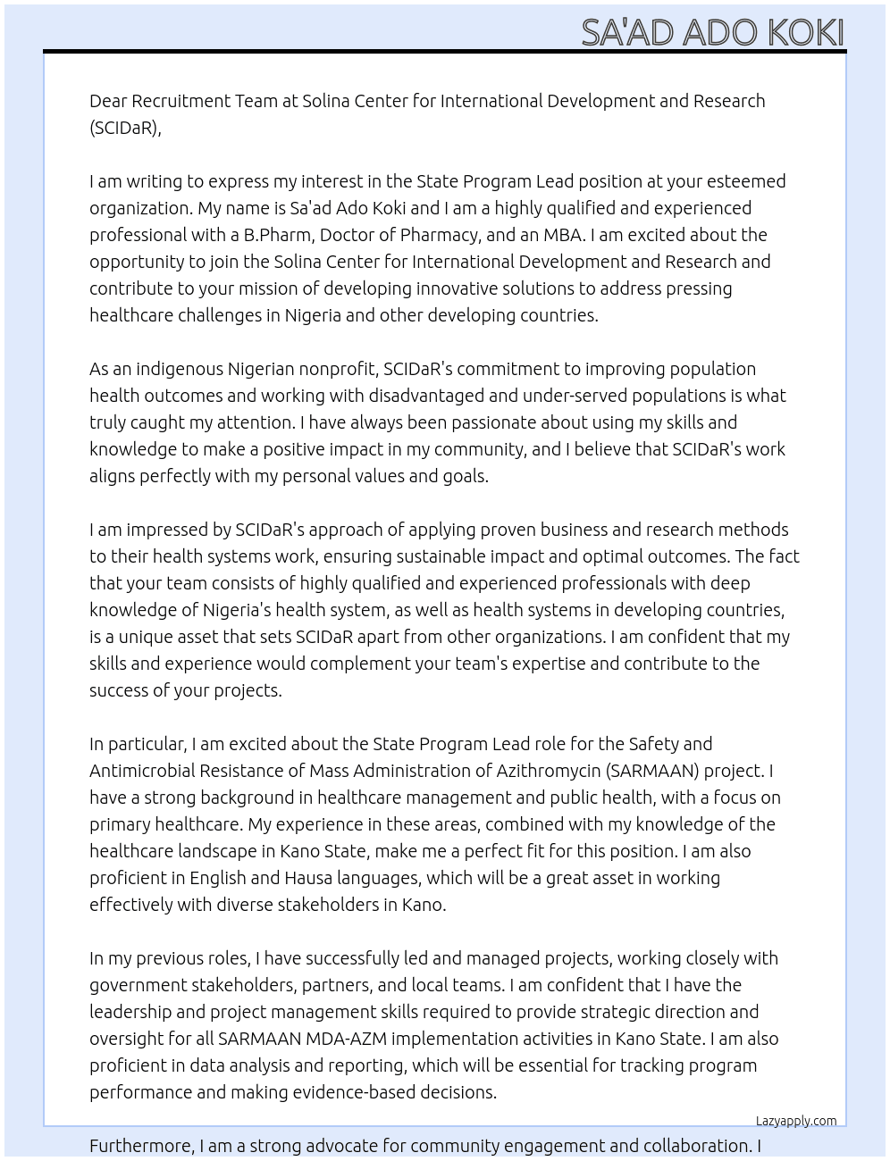 Cover letter for state program lead - LazyApply