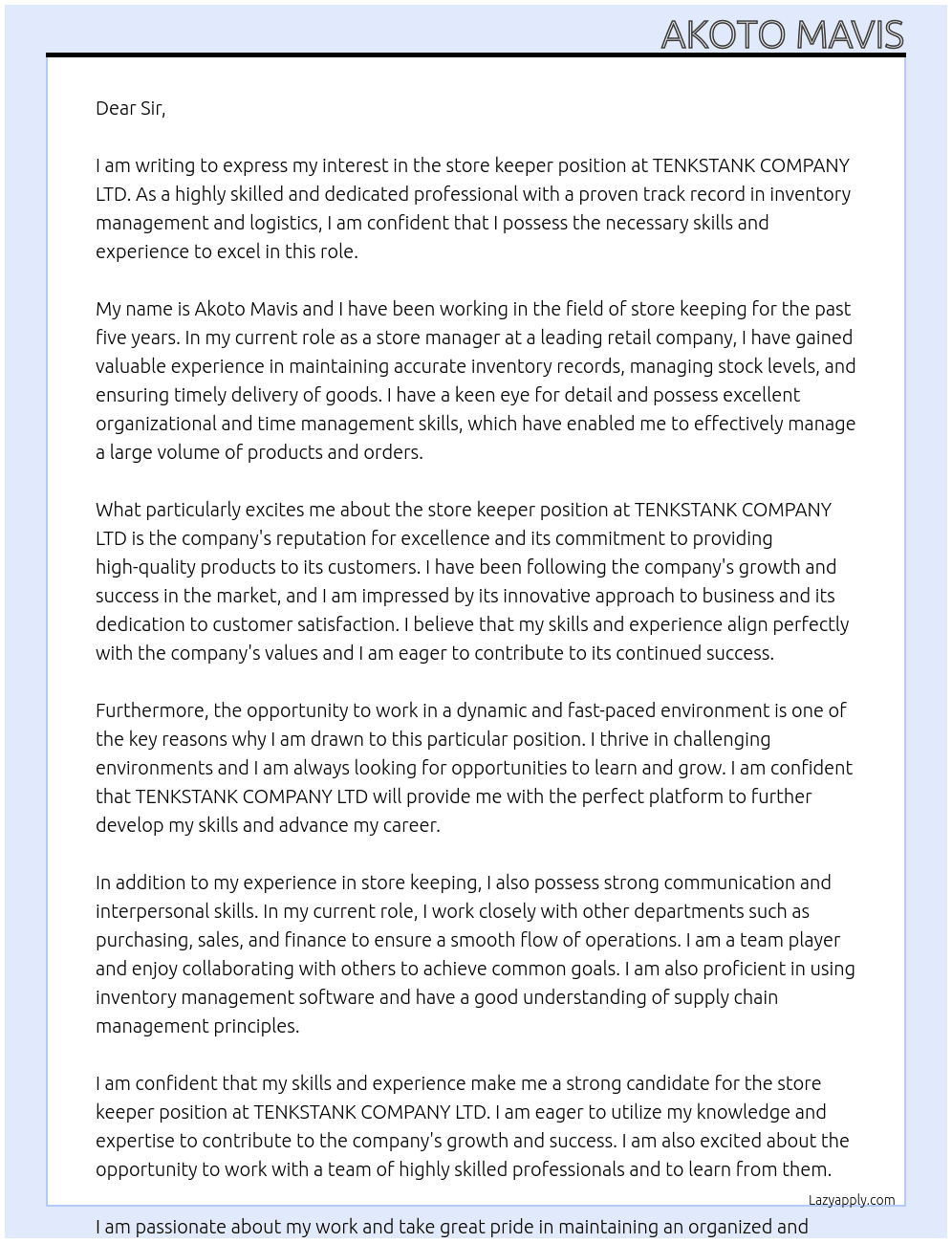 store keeper At TENKSTANK COMPANY LTD Cover Letter