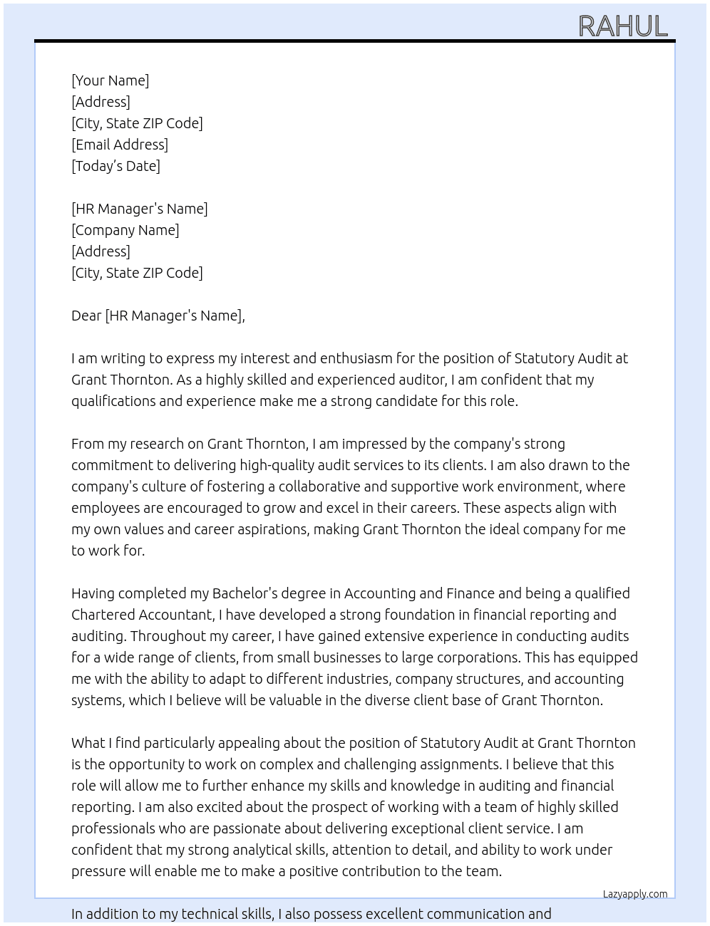 Statutory Audit At Grant Thornton  Cover Letter