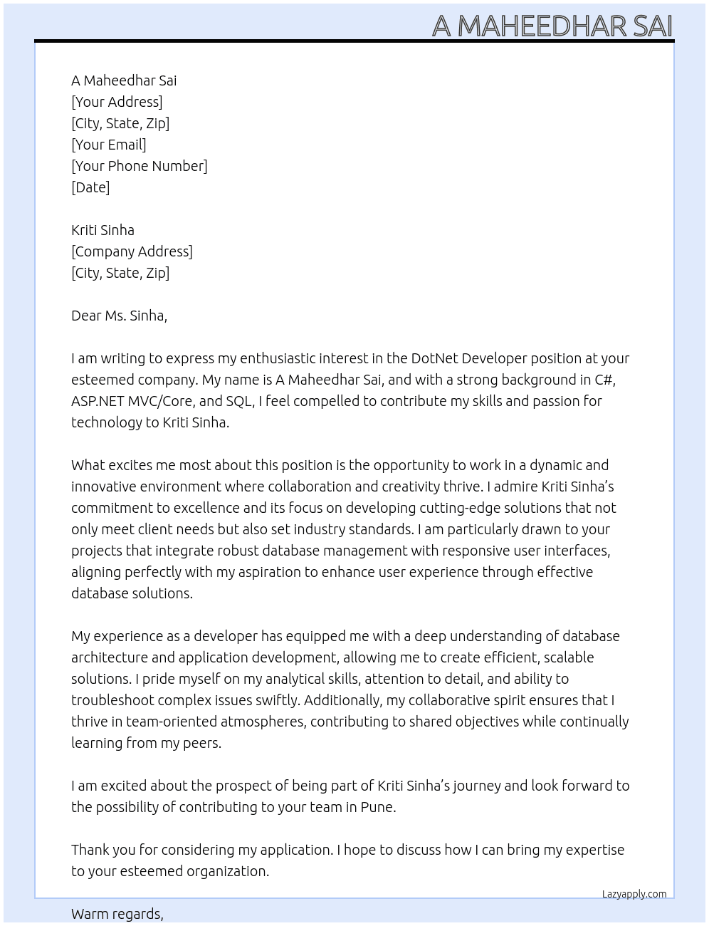 DotNet developer At Kriti Sinha Cover Letter