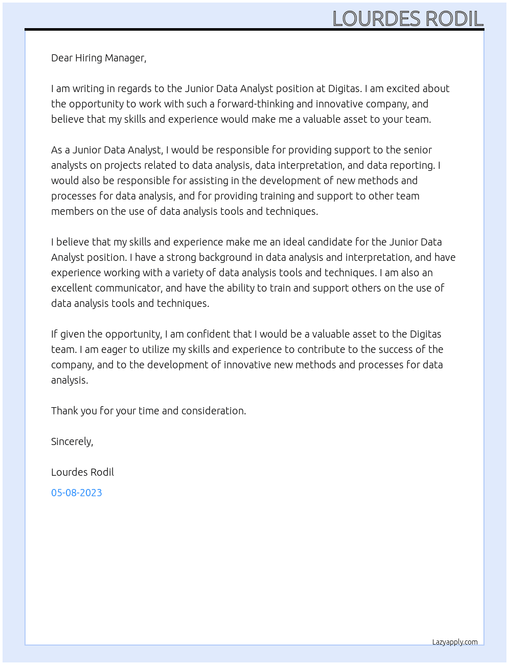 Junior Data Analyst At Digitas Cover Letter