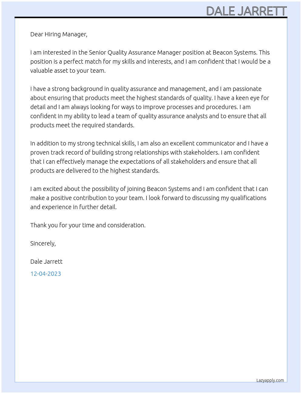 Senior Quality Assurance Manager At Beacon Systems Cover Letter