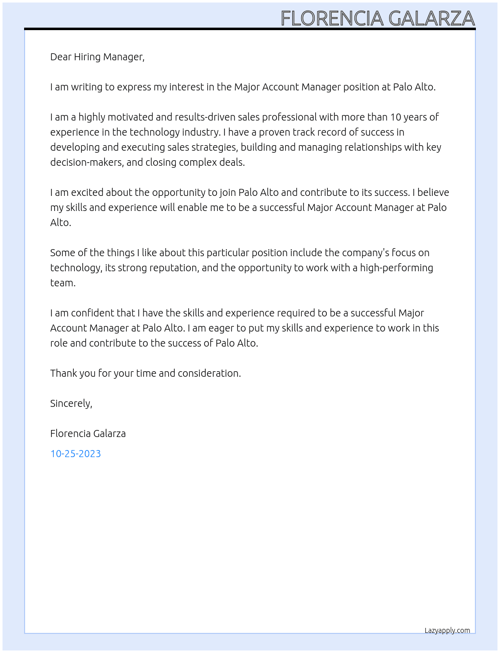 Major Account Manager At Palo Alto Cover Letter
