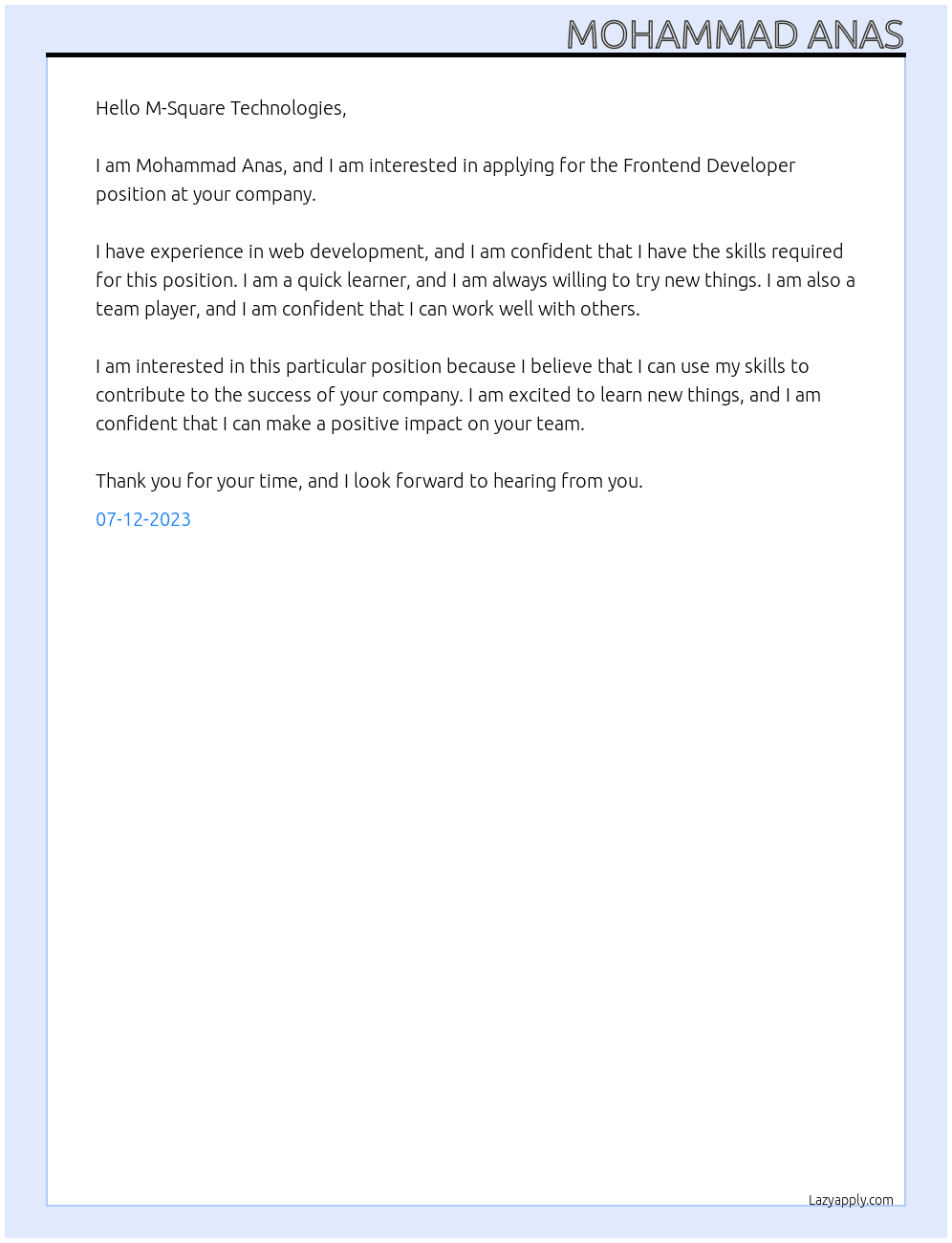 Frontend Developer At M-Square Technologies Cover Letter