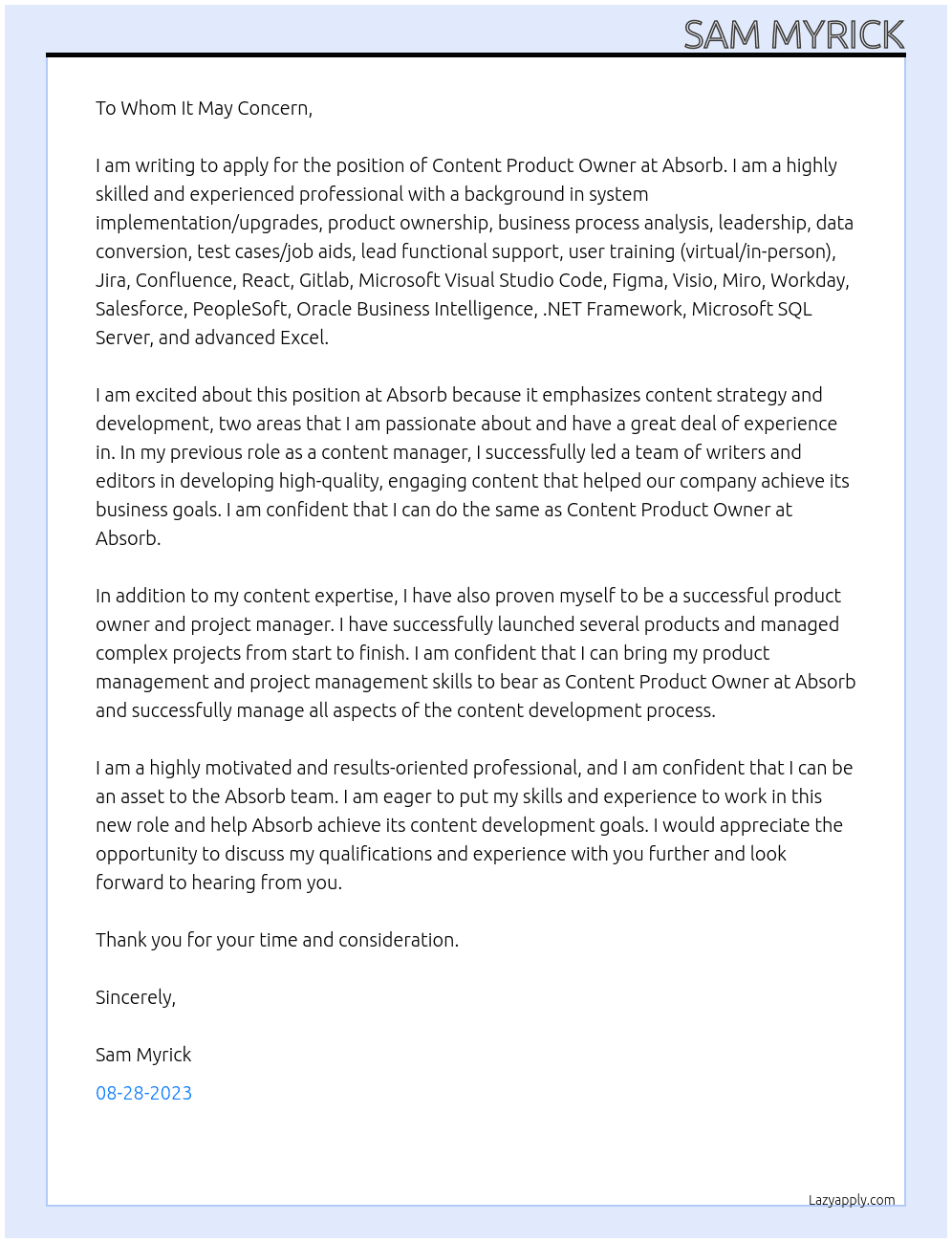 Content Product Owner  At Absorb Cover Letter