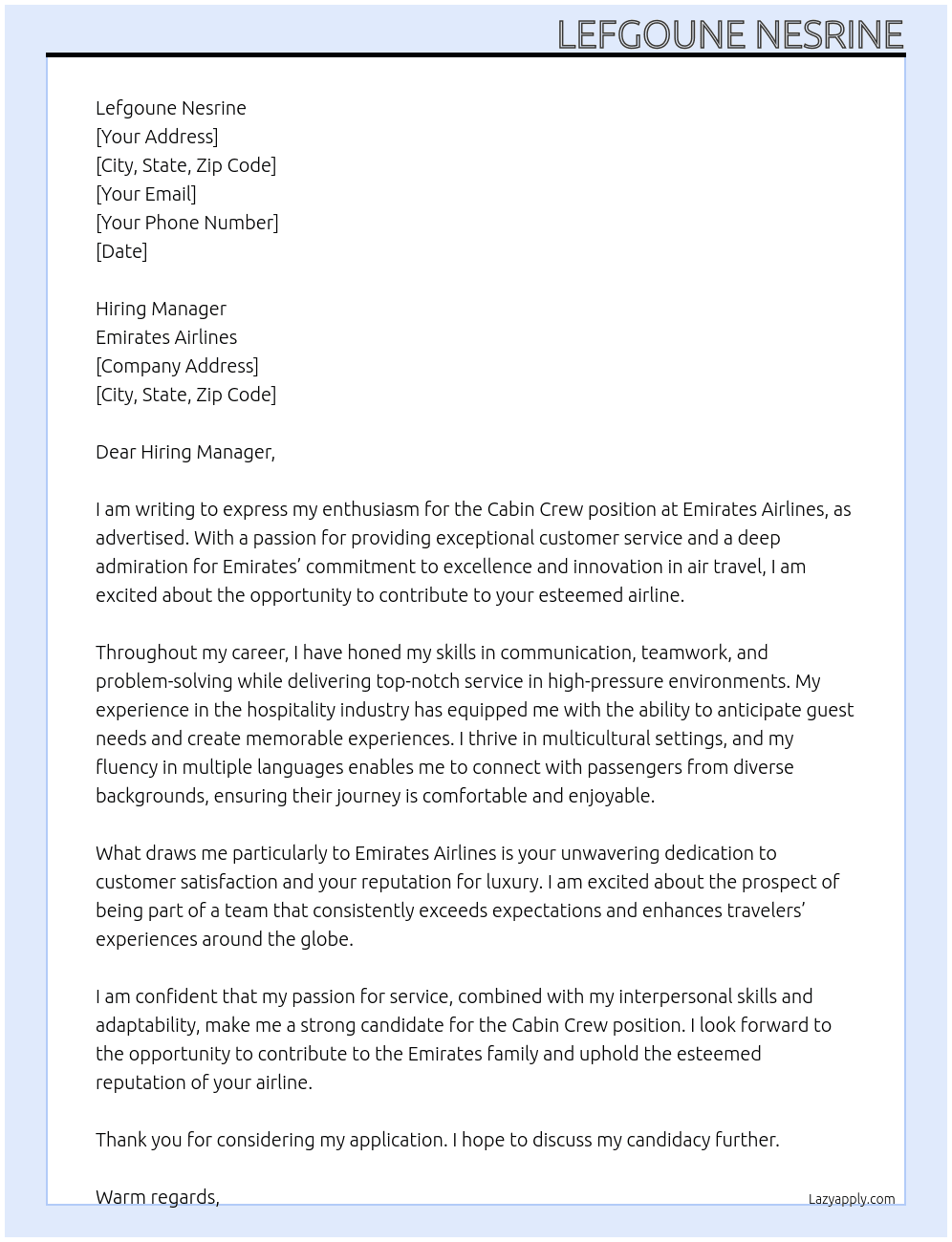 Cabin crew  At emirates airlines Cover Letter