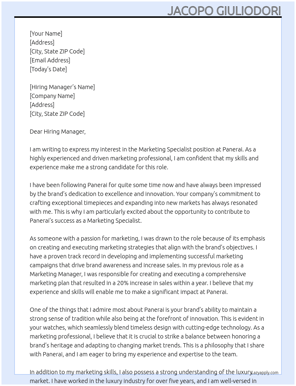 Marketing  Specialist At Panerai Cover Letter