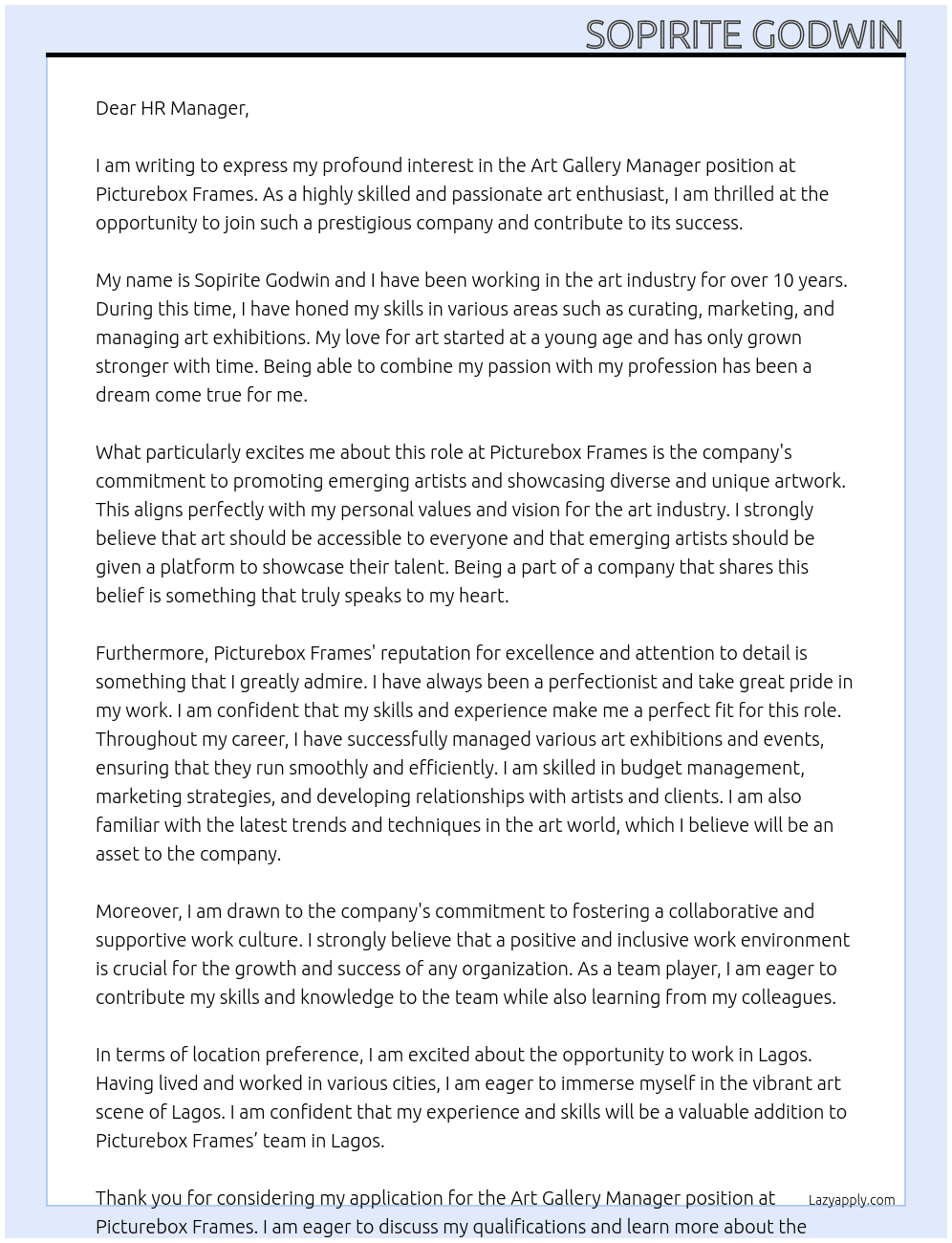 Art Gallery Manager At Picturebox Frames Cover Letter