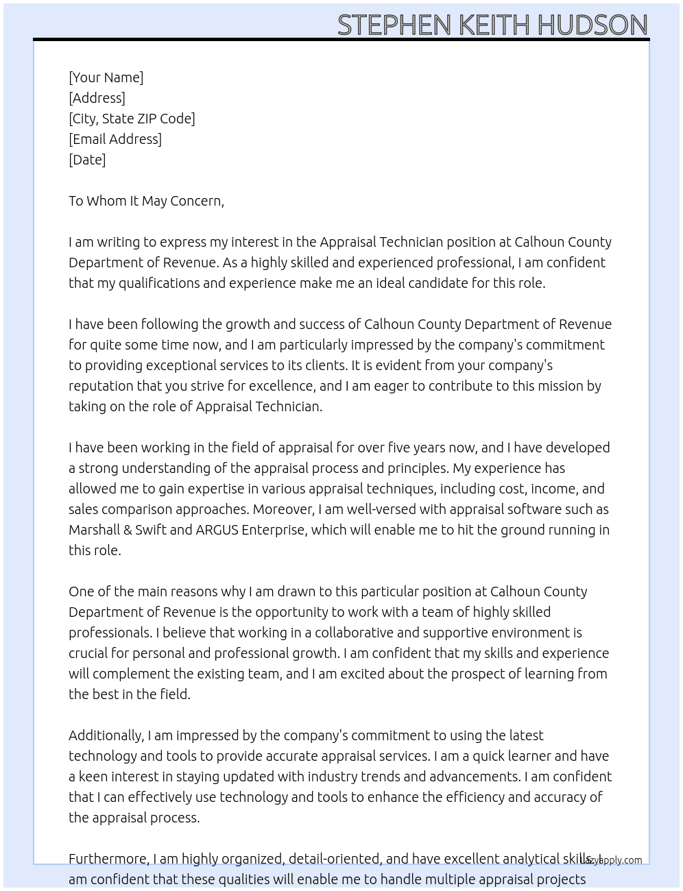 Appraisal Technician  At Calhoun County Department of Revenue  Cover Letter