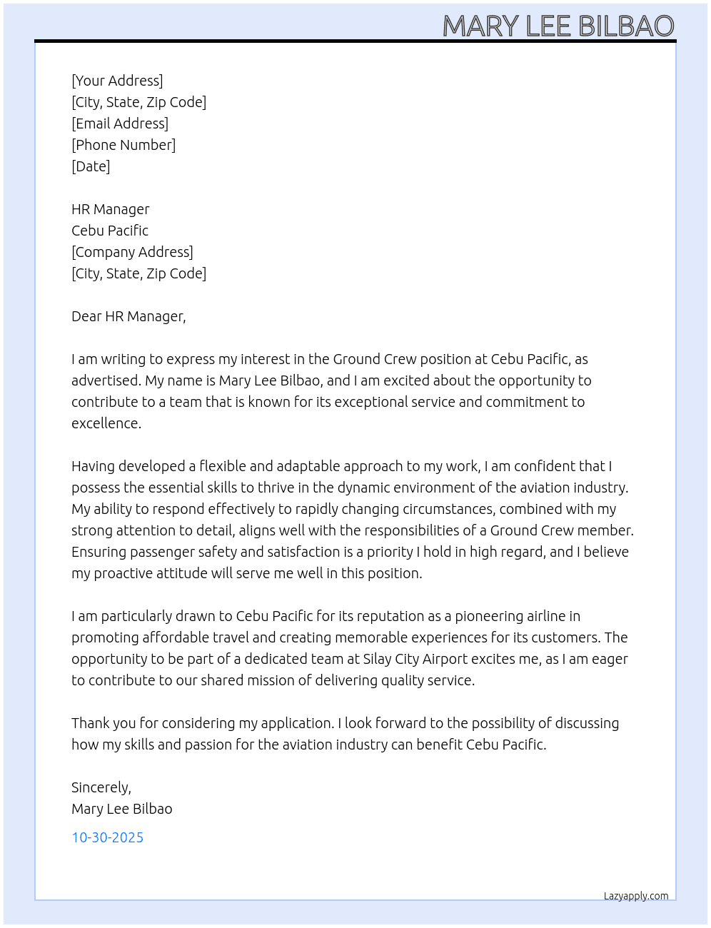 Ground Crew At Cebu Pacific Cover Letter