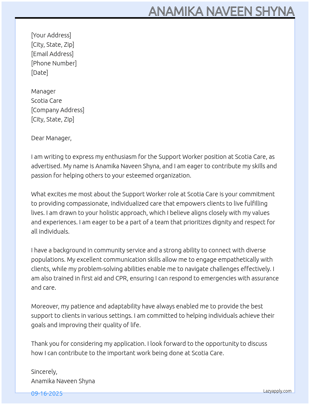Support Worker At Scotia Care Cover Letter
