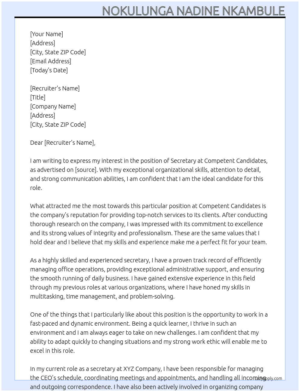 secretary At Competent Candidates  Cover Letter