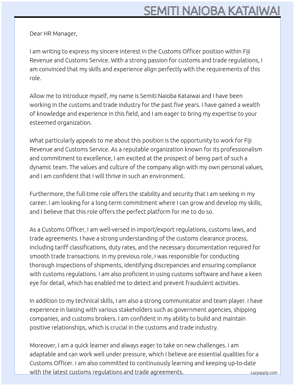 Customs Officer At Fiji Revenue and Customs Service Cover Letter