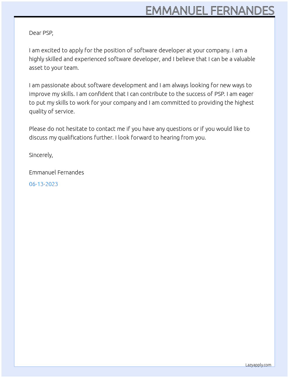 software developer At PSP Cover Letter