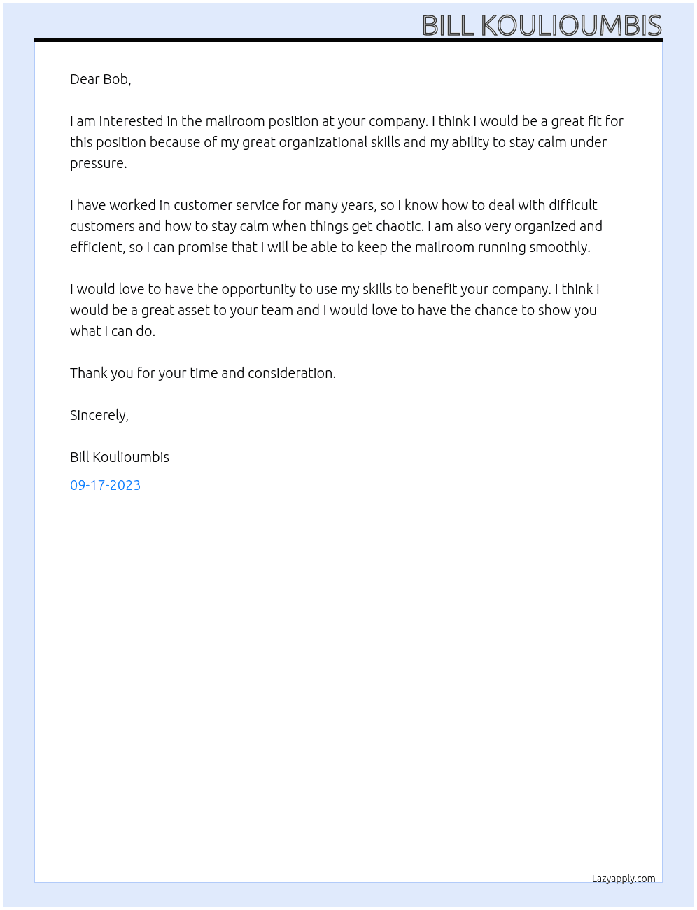 mailroom  At Bill Cover Letter