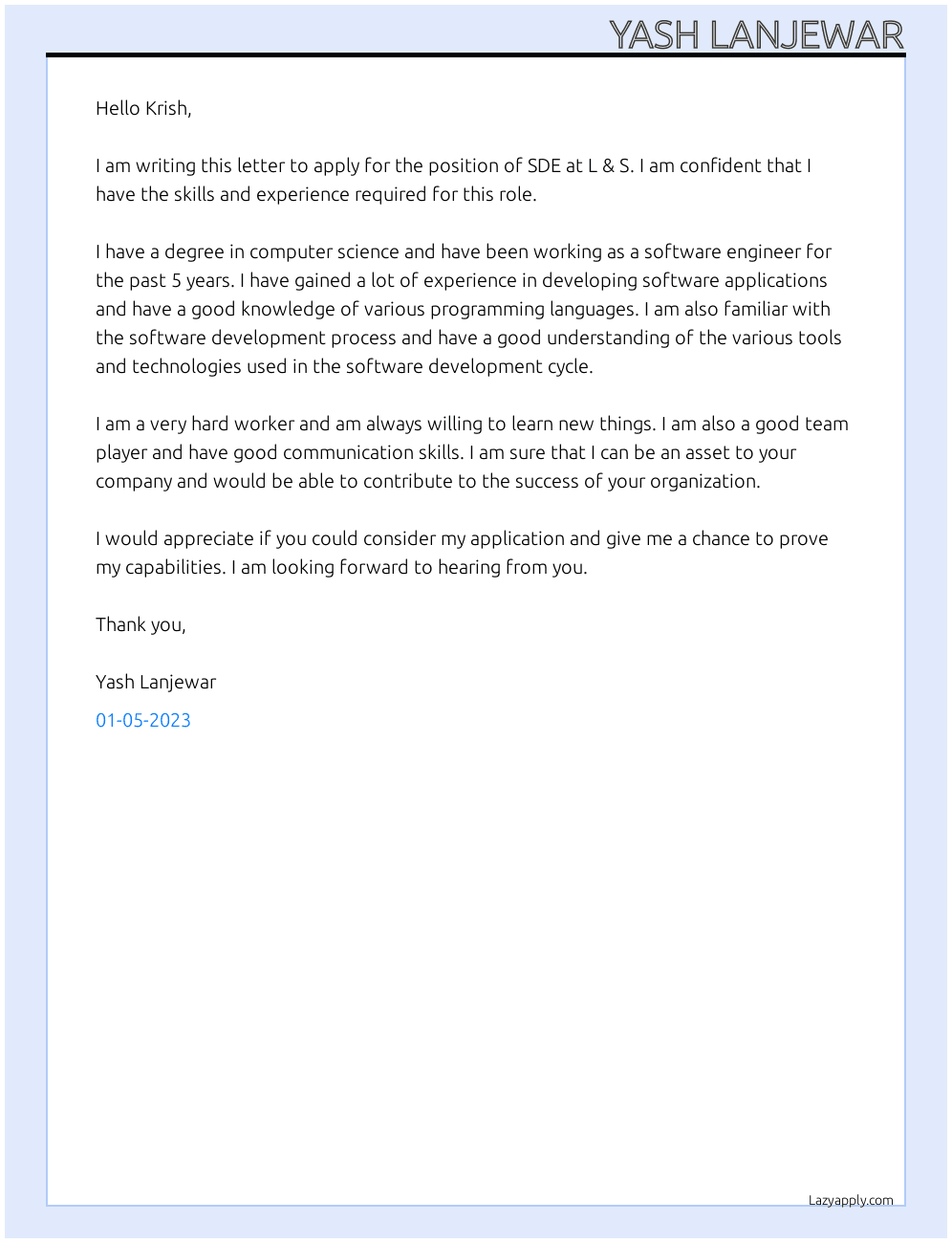SDE At L & S Cover Letter