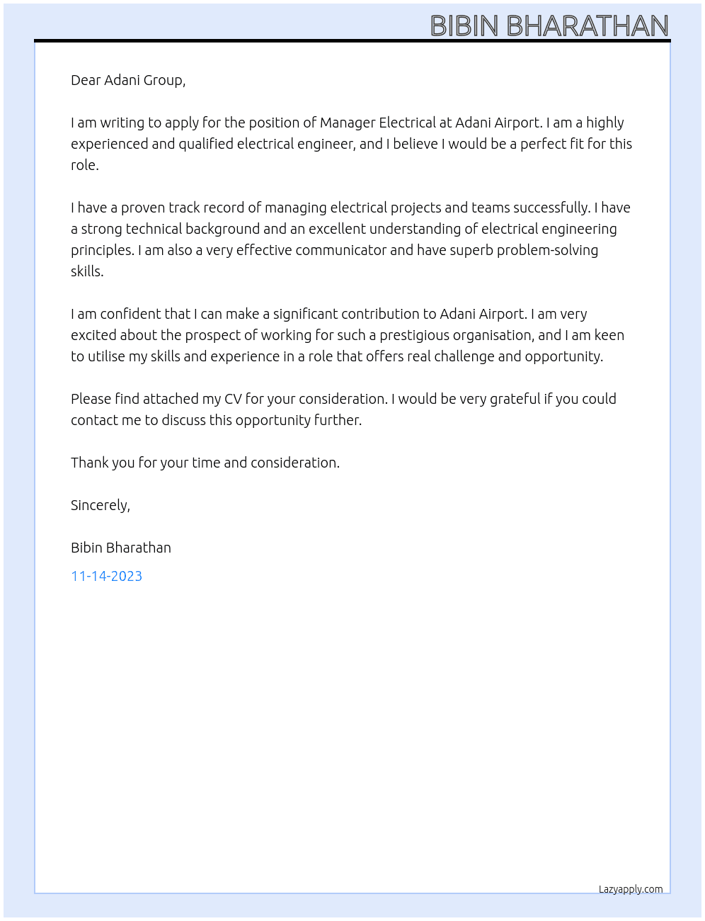 Manager Electrical At Adani Airport Cover Letter