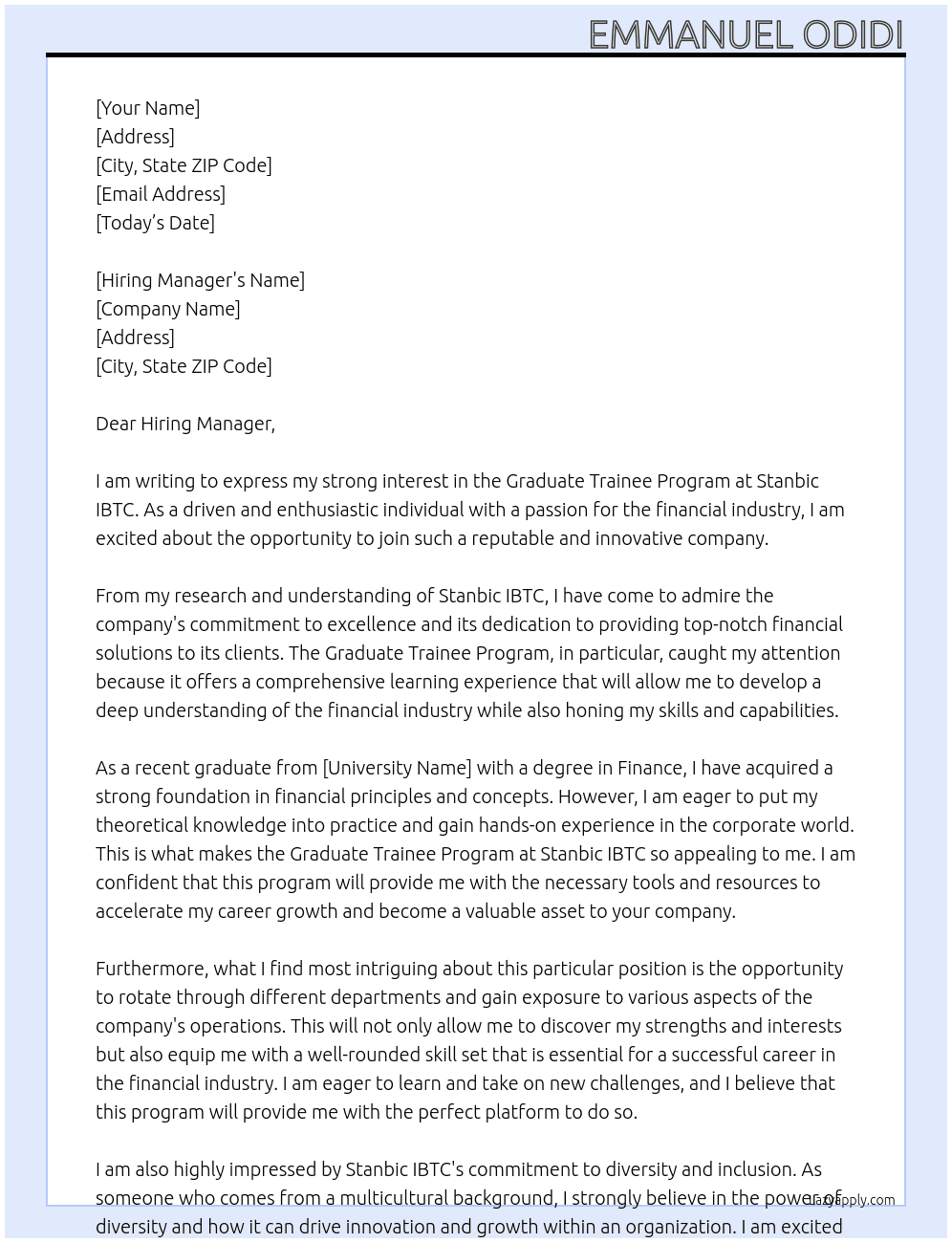 Graduate Trainee Program At Stanbic IBTC Cover Letter