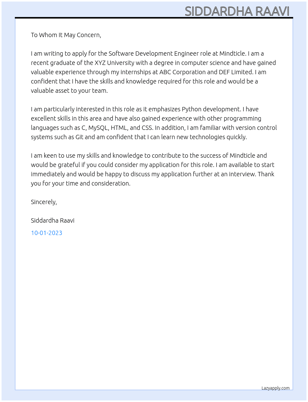 Software Development Engineer At Mindticle Cover Letter