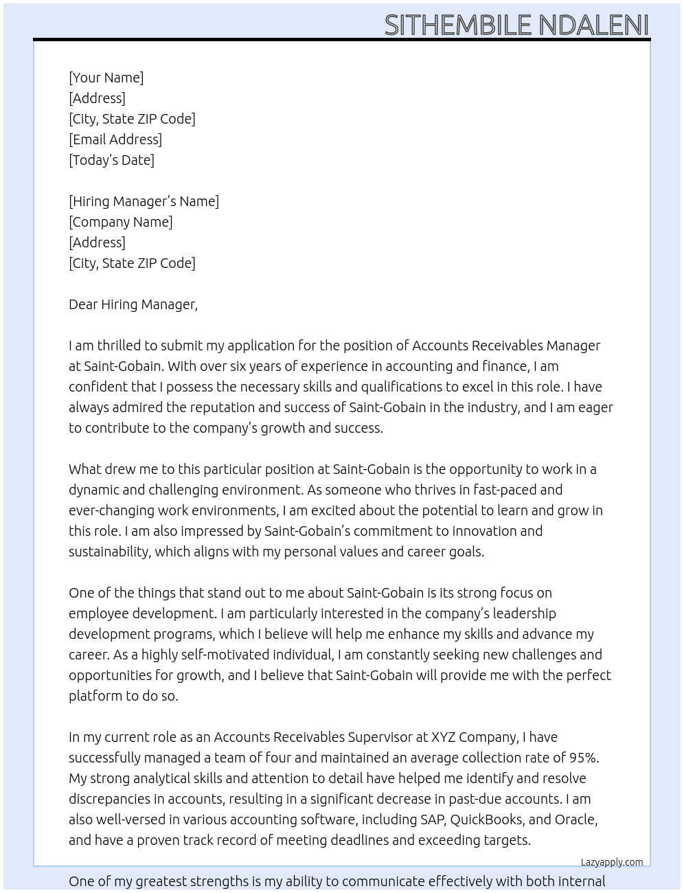 Accounts Receivables Manager At Saint-Gobain Cover Letter