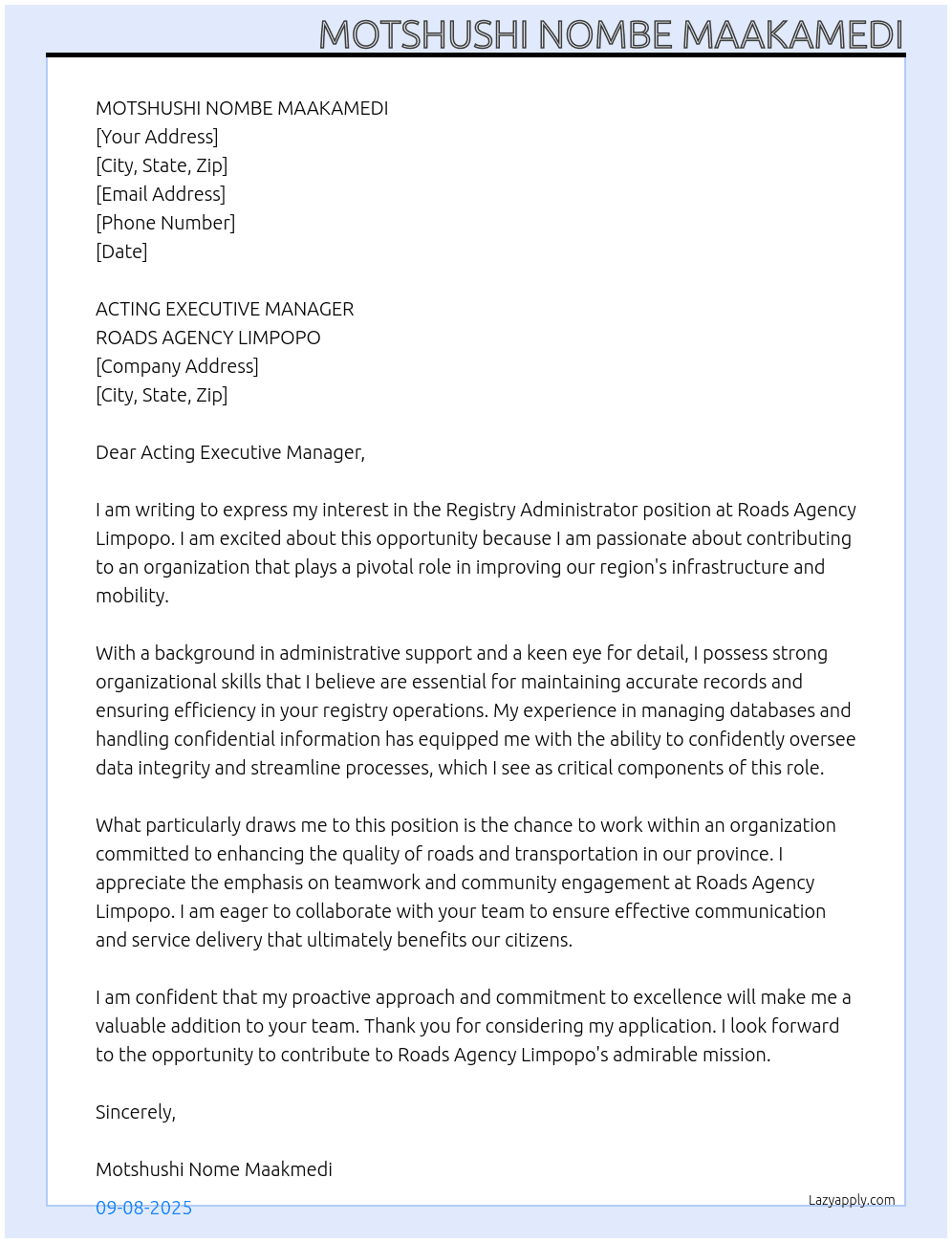 REGISTRY ADMINISTRATOR At ROADS AGENCY LIMPOPO Cover Letter