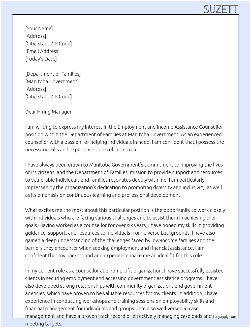 Employment and Income Assistance Counsellor At Manitoba Government Cover Letter