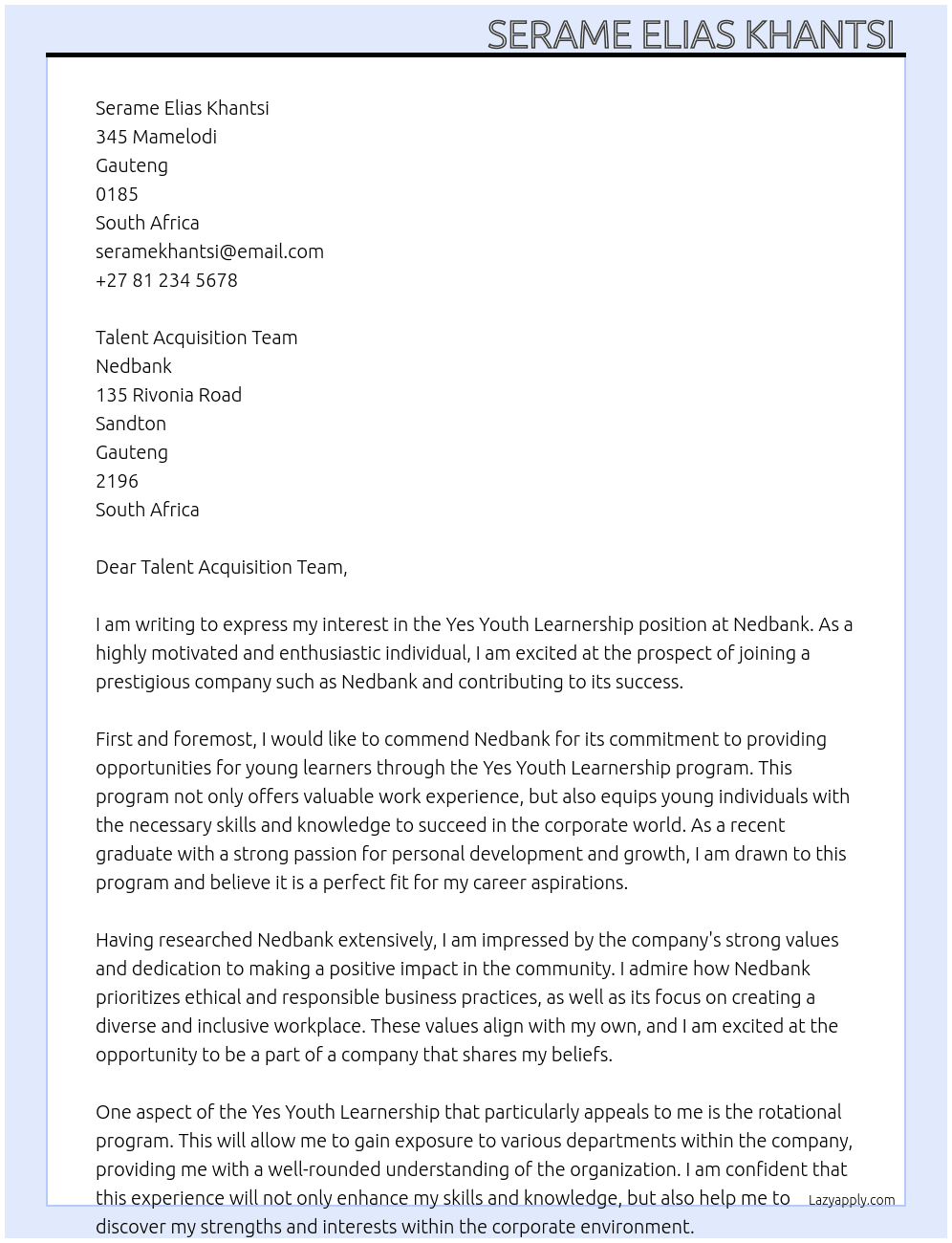 Cover letter for yes youth learnership - LazyApply