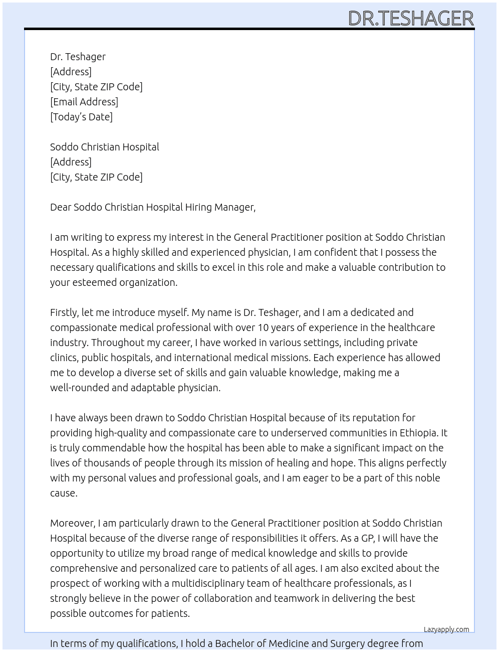 General Practitioner  At Soddo Christian Hospital  Cover Letter
