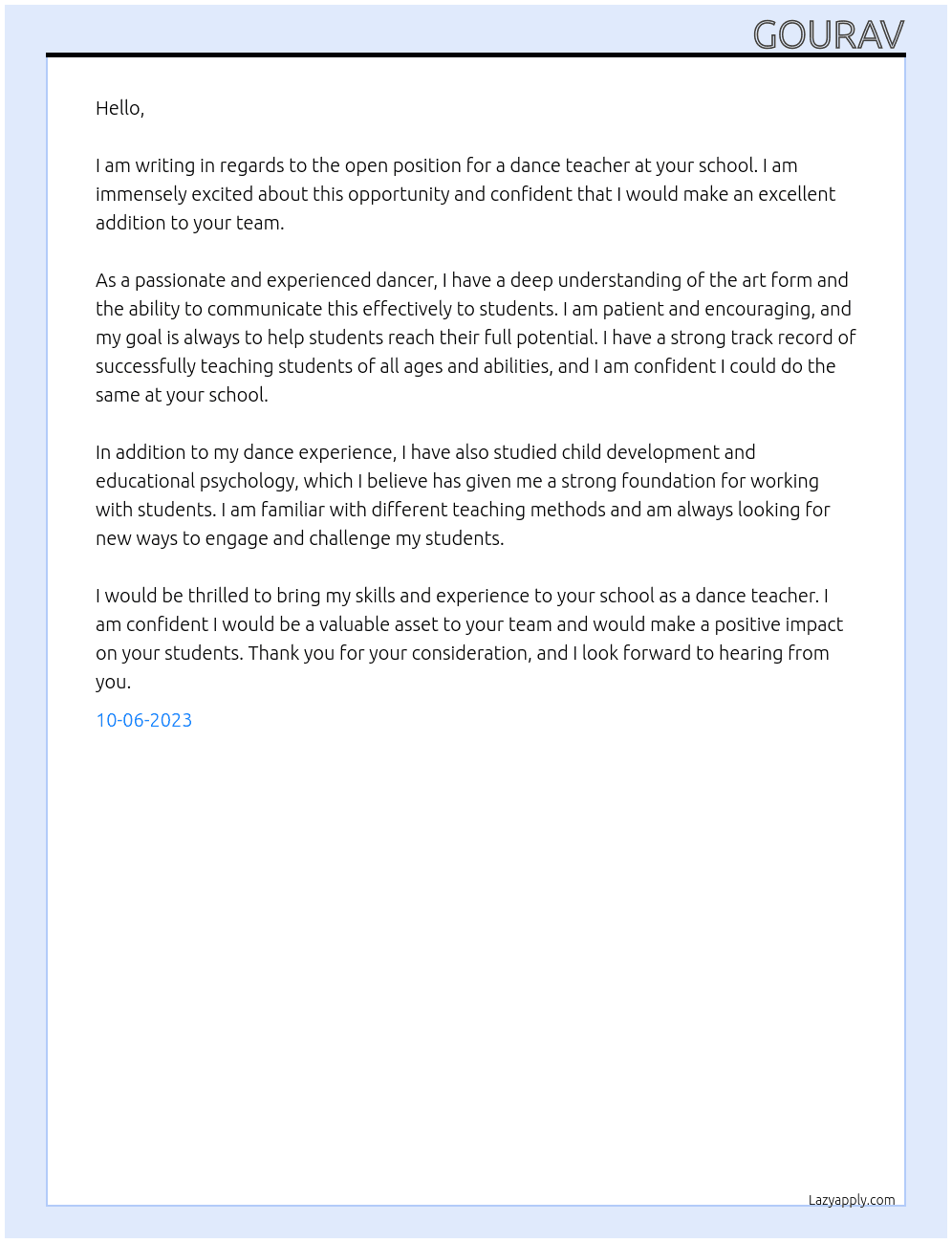 DANCE TEACHER At SCHOOL Cover Letter