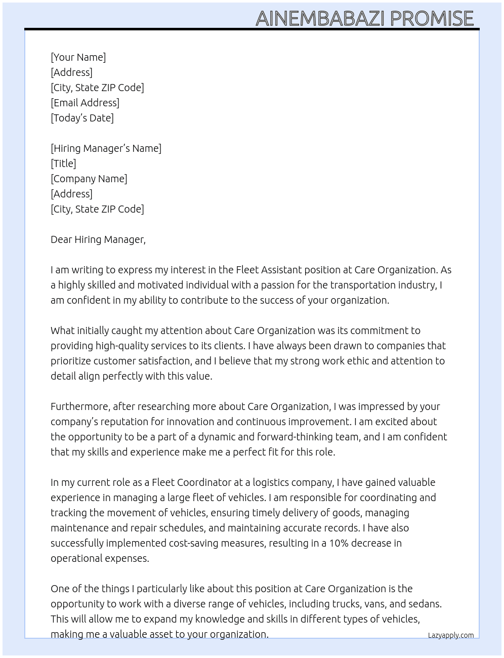 Fleet assistant  At Care organization  Cover Letter