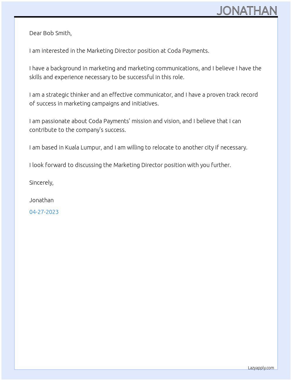 Marketing Director At Coda Payments Cover Letter